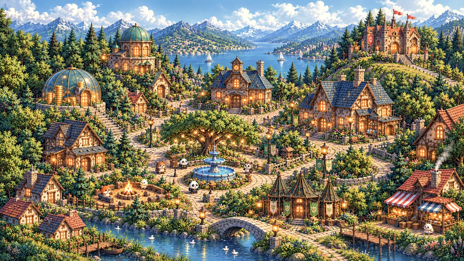 An illustrated map of the town: a library, a workshop, a town hall and a square, lantern-lit among trees.
